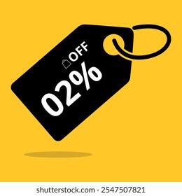 Black coupon with 02% off in white letters, isolated on a vibrant yellow background. Minimalist and eye catching design, ideal for promotional campaigns.