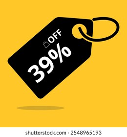 Black coupon with 39% off in white letters, isolated on a vibrant yellow background. Minimalist and eye catching design, ideal for promotional campaigns.