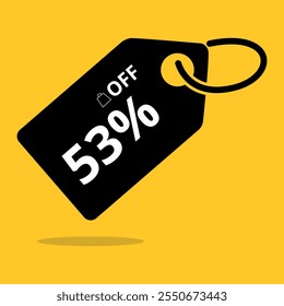 Cupón negro con 53% de descuento en letras blancas, aislado en un fondo amarillo vibrante. Diseño minimalista y llamativo, ideal para campañas promocionales.