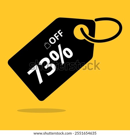 Black coupon with 73% off in white letters, isolated on a vibrant yellow background. Minimalist and eye catching design, ideal for promotional campaigns.