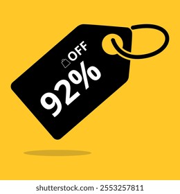 Black coupon with 92% off in white letters, isolated on a vibrant yellow background. Minimalist and eye catching design, ideal for promotional campaigns.
