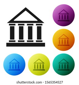 Black Courthouse building icon isolated on white background. Building bank or museum. Set icons colorful circle buttons. Vector Illustration