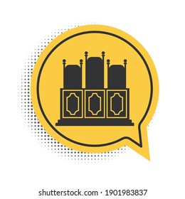 Black Court's room with table icon isolated on white background. Chairs icon. Yellow speech bubble symbol. Vector.