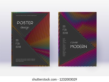 Black cover design template set. Rainbow abstract lines on wine red background. Adorable cover design. Stunning catalog, poster, book template etc.