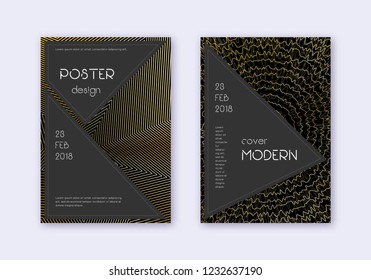 Black cover design template set. Gold abstract lines on black background. Actual cover design. Bold catalog, poster, book template etc.