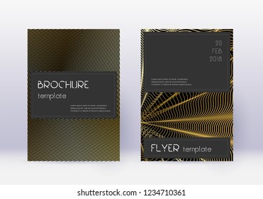 Black cover design template set. Gold abstract lines on black background. Alive cover design. Symmetrical catalog, poster, book template etc.