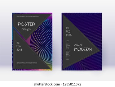 Black cover design template set. Rainbow abstract lines on dark blue background. Adorable cover design. Comely catalog, poster, book template etc.