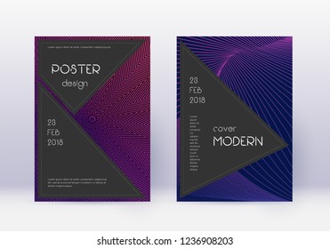 Black cover design template set. Violet abstract lines on dark background. Alive cover design. Magnificent catalog, poster, book template etc.