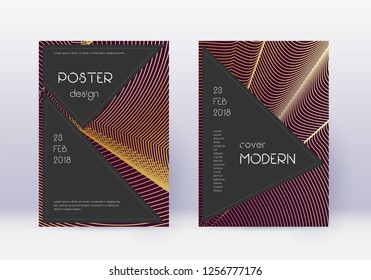 Black cover design template set. Gold abstract lines on maroon background. Actual cover design. Precious catalog, poster, book template etc.