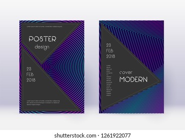 Black cover design template set. Neon abstract lines on dark blue background. Admirable cover design. Fabulous catalog, poster, book template etc.