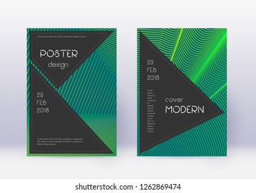 Black cover design template set. Green abstract lines on dark background. Actual cover design. Rare catalog, poster, book template etc.