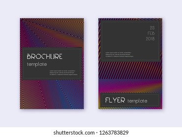 Black cover design template set. Rainbow abstract lines on wine red background. Adorable cover design. Stylish catalog, poster, book template etc.