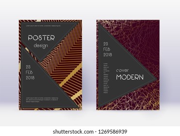 Black cover design template set. Gold abstract lines on maroon background. Actual cover design. Fine catalog, poster, book template etc.