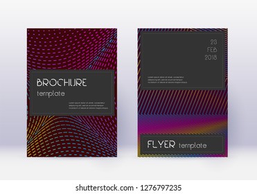 Black cover design template set. Rainbow abstract lines on wine red background. Amusing cover design. Captivating catalog, poster, book template etc.