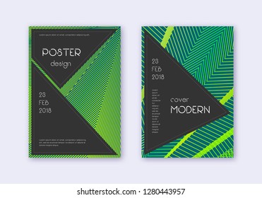 Black cover design template set. Green abstract lines on dark background. Actual cover design. Vibrant catalog, poster, book template etc.