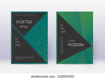 Black cover design template set. Green abstract lines on dark background. Actual cover design. Stylish catalog, poster, book template etc.