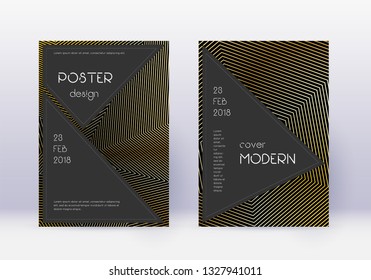 Black cover design template set. Gold abstract lines on black background. Actual cover design. Comely catalog, poster, book template etc.