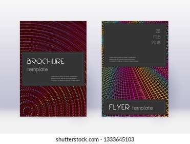 Black cover design template set. Rainbow abstract lines on wine red background. Amazing cover design. Radiant catalog, poster, book template etc.