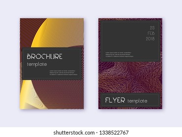 Black Cover Design Template Set. Gold Abstract Lines On Maroon Background. Alluring Cover Design. Bold Catalog, Poster, Book Template Etc.