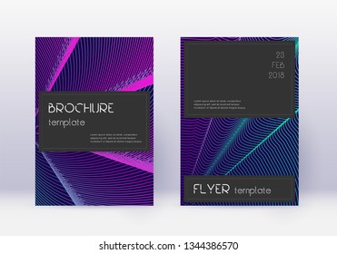 Black cover design template set. Neon abstract lines on dark blue background. Alluring cover design. Splendid catalog, poster, book template etc.