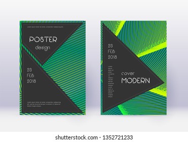 Black cover design template set. Green abstract lines on dark background. Actual cover design. Symmetrical catalog, poster, book template etc.
