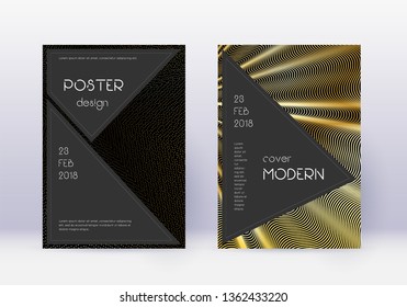 Black cover design template set. Gold abstract lines on black background. Actual cover design. Fancy catalog, poster, book template etc.