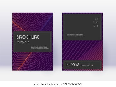 Black cover design template set. Violet abstract lines on dark background. Amusing cover design. Uncommon catalog, poster, book template etc.