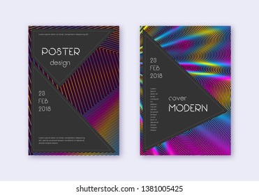 Black cover design template set. Rainbow abstract lines on wine red background. Adorable cover design. Impressive catalog, poster, book template etc.