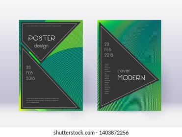 Black cover design template set. Green abstract lines on dark background. Actual cover design. Superb catalog, poster, book template etc.