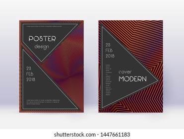 Black cover design template set. Orange abstract lines on wine red background. Admirable cover design. Radiant catalog, poster, book template etc.