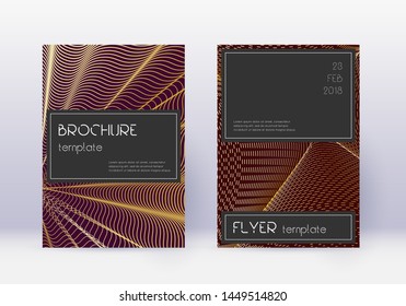 Black cover design template set. Gold abstract lines on maroon background. Alluring cover design. Cute catalog, poster, book template etc.