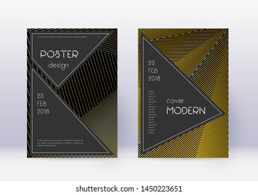 Black cover design template set. Gold abstract lines on black background. Actual cover design. Extra catalog, poster, book template etc.