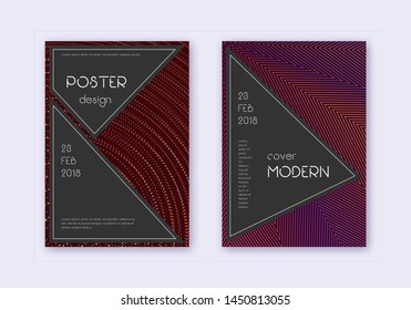 Black cover design template set. Orange abstract lines on wine-red background. Adorable cover design. Amusing catalog, poster, book template etc.