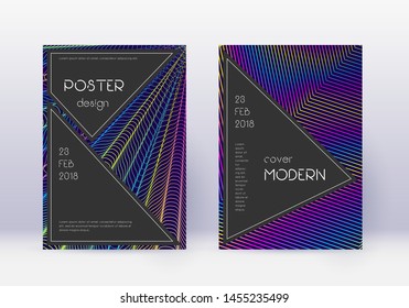 Black cover design template set. Rainbow abstract lines on dark blue background. Adorable cover design. Flawless catalog, poster, book template etc.