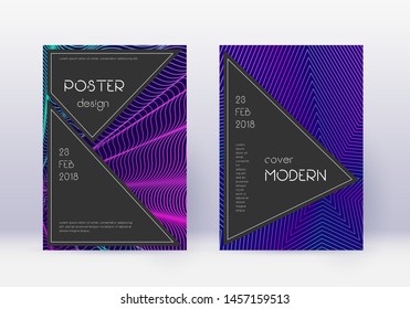 Black cover design template set. Neon abstract lines on dark blue background. Admirable cover design. Fascinating catalog, poster, book template etc.