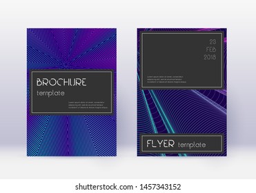 Black cover design template set. Neon abstract lines on dark blue background. Amazing cover design. Bold catalog, poster, book template etc.