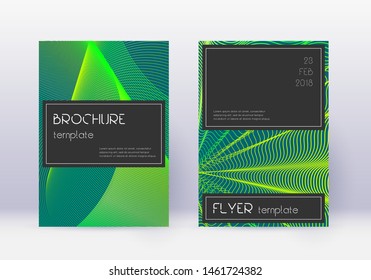 Black cover design template set. Green abstract lines on dark background. Alluring cover design. Majestic catalog, poster, book template etc.