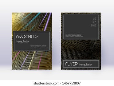 Black cover design template set. Gold abstract lines on black background. Alive cover design. Superb catalog, poster, book template etc.