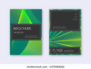 Black cover design template set. Green abstract lines on dark background. Alluring cover design. Immaculate catalog, poster, book template etc.