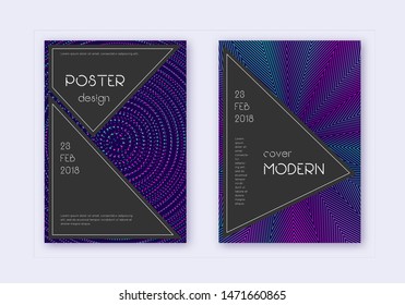 Black cover design template set. Neon abstract lines on dark blue background. Admirable cover design. Great catalog, poster, book template etc.