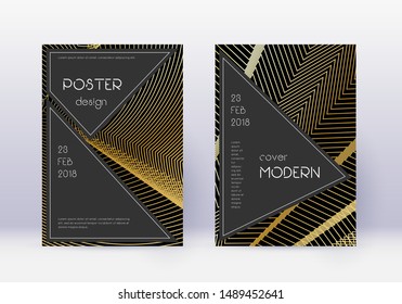 Black cover design template set. Gold abstract lines on black background. Actual cover design. Decent catalog, poster, book template etc.