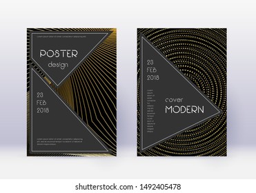 Black cover design template set. Gold abstract lines on black background. Actual cover design. Dramatic catalog, poster, book template etc.
