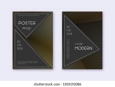 Black cover design template set. Gold abstract lines on black background. Actual cover design. Charming catalog, poster, book template etc.