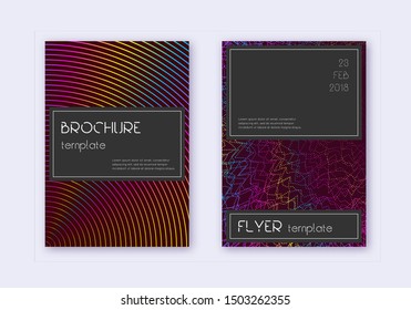 Black cover design template set. Rainbow abstract lines on wine red background. Amusing cover design. Bewitching catalog, poster, book template etc.