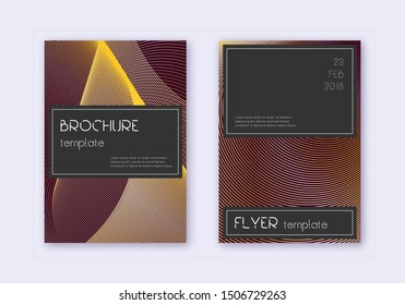 Black cover design template set. Gold abstract lines on maroon background. Alluring cover design. Glamorous catalog, poster, book template etc.