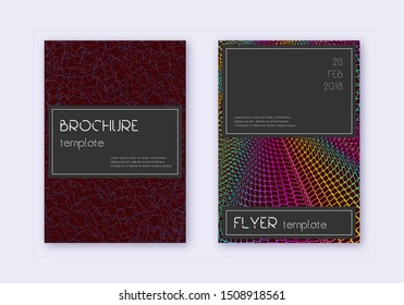 Black cover design template set. Rainbow abstract lines on wine red background. Amazing cover design. Terrific catalog, poster, book template etc.