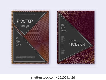 Black cover design template set. Gold abstract lines on maroon background. Actual cover design. Flawless catalog, poster, book template etc.
