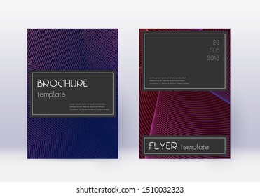 Black cover design template set. Violet abstract lines on dark background. Amusing cover design. Mind-blowing catalog, poster, book template etc.
