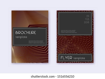Black cover design template set. Gold abstract lines on maroon background. Alluring cover design. Exotic catalog, poster, book template etc.