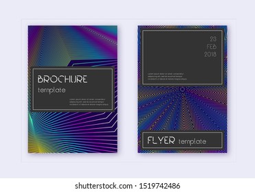 Black cover design template set. Rainbow abstract lines on dark blue background. Amazing cover design. Mind-blowing catalog, poster, book template etc.